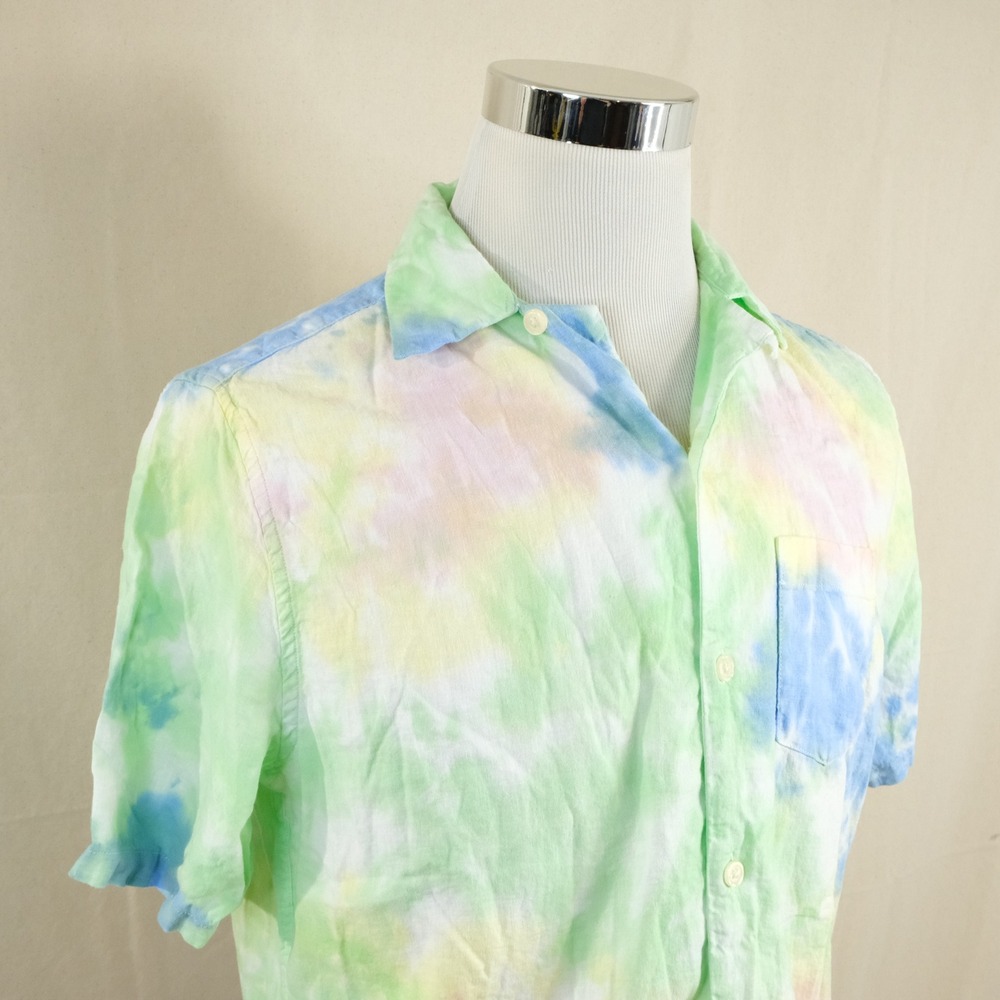 AllSaints Small Relaxed Fit Pilar Shirt Green Blue Tie Dye Linen Blend Mens